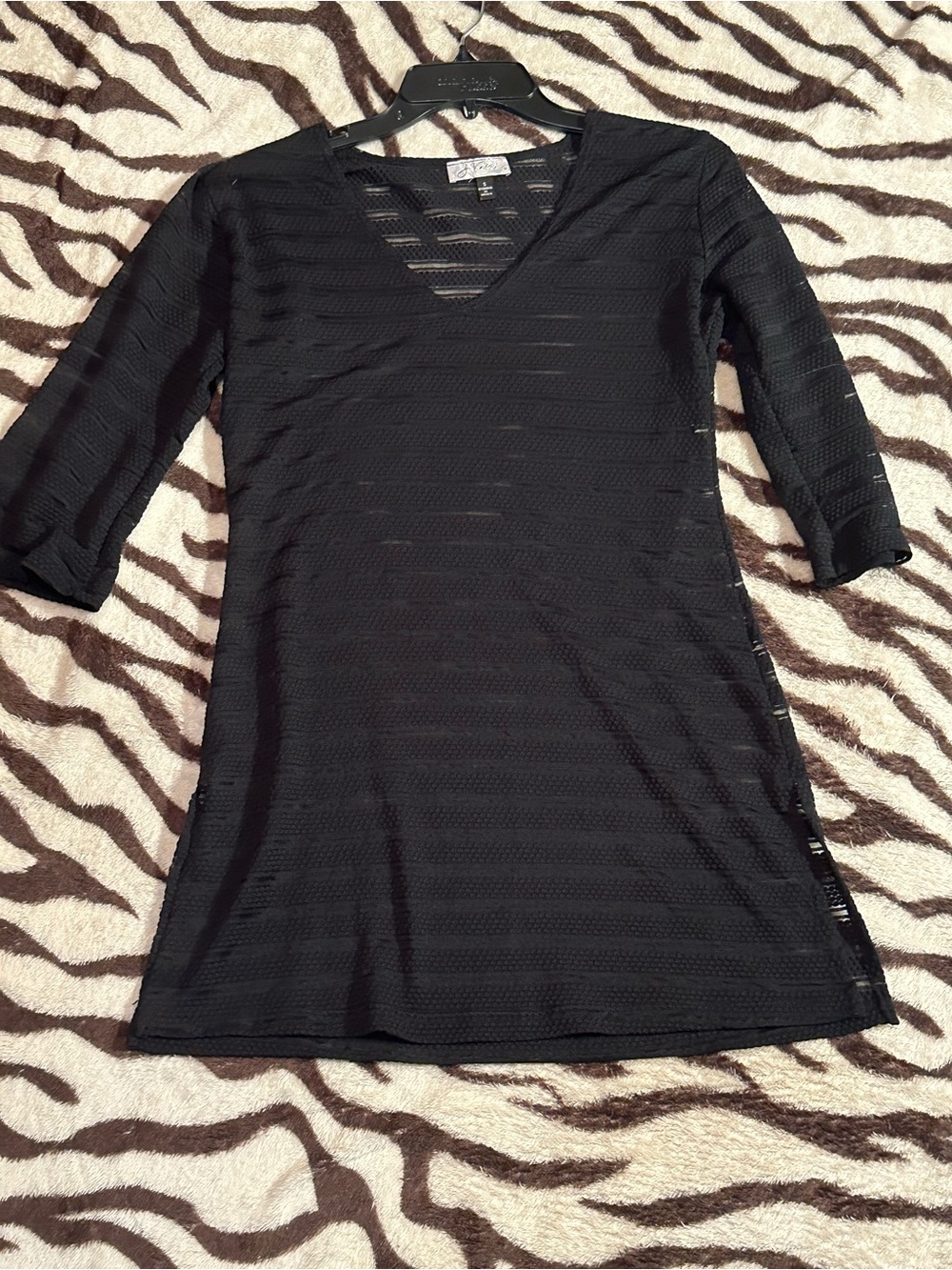 Women's Black V-Neck Sheer-Stripe Mini Dress